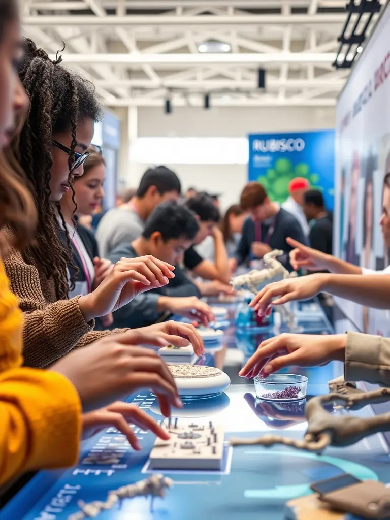 A close-up shot of hands-on exhibit at a RUBISCO-sponsored festival, where visitors are interacting with interactive displays that demonstrate scientific concepts through artistic mediums, promoting public engagement.