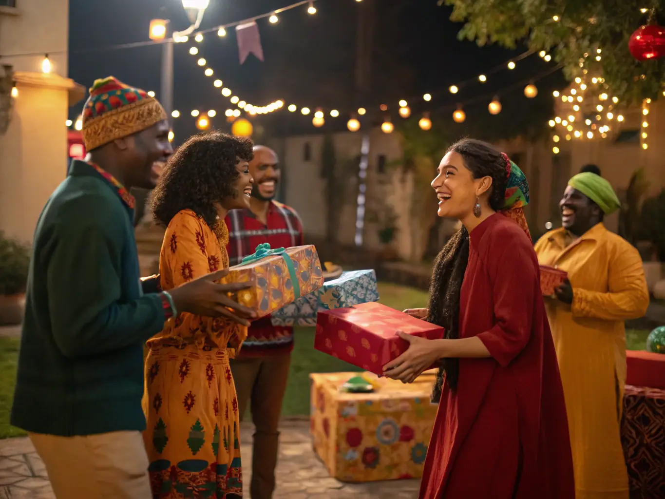 A vibrant scene from a cultural exchange event, with participants from different countries interacting and sharing their traditions.