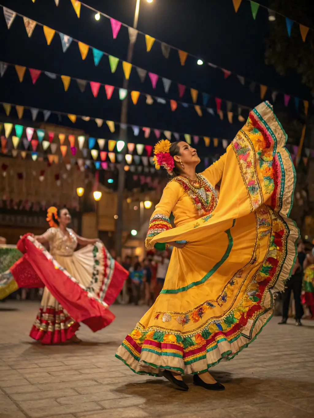 A vibrant scene from a RUBISCO-sponsored cultural festival, featuring performers from different countries interacting with the audience, emphasizing cultural exchange and community engagement.