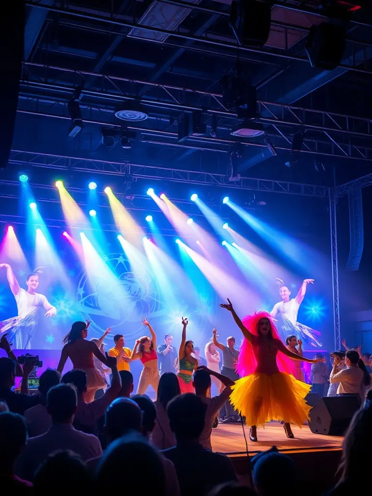 A dynamic image of artists and scientists collaborating on a live performance project, using digital projections and interactive elements, set on a stage with a diverse audience, highlighting RUBISCO's interdisciplinary collaborations.
