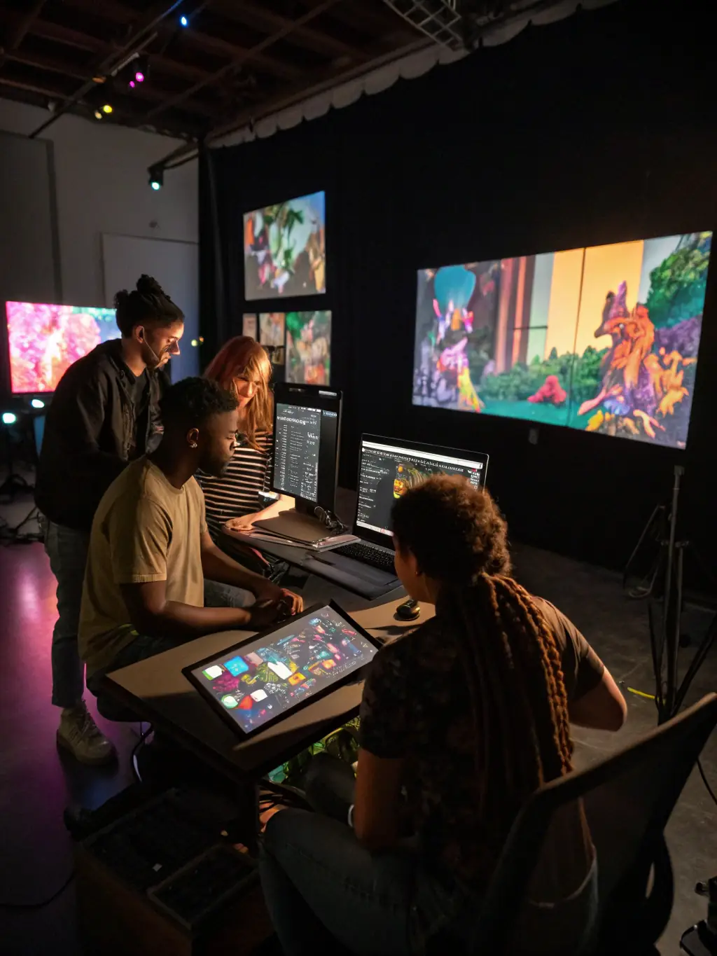 A diverse group of artists and scientists are deeply engaged in a collaborative workshop, surrounded by colorful art installations and scientific models, showcasing the interdisciplinary nature of RUBISCO's programs.