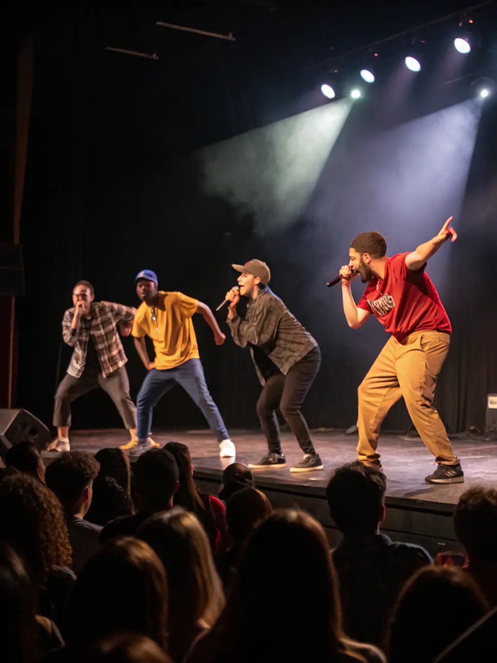 A vibrant photograph of a RUBISCO-sponsored public performance, featuring a fusion of artistic and scientific elements. The audience is visibly engaged and enthusiastic, set against an urban backdrop.