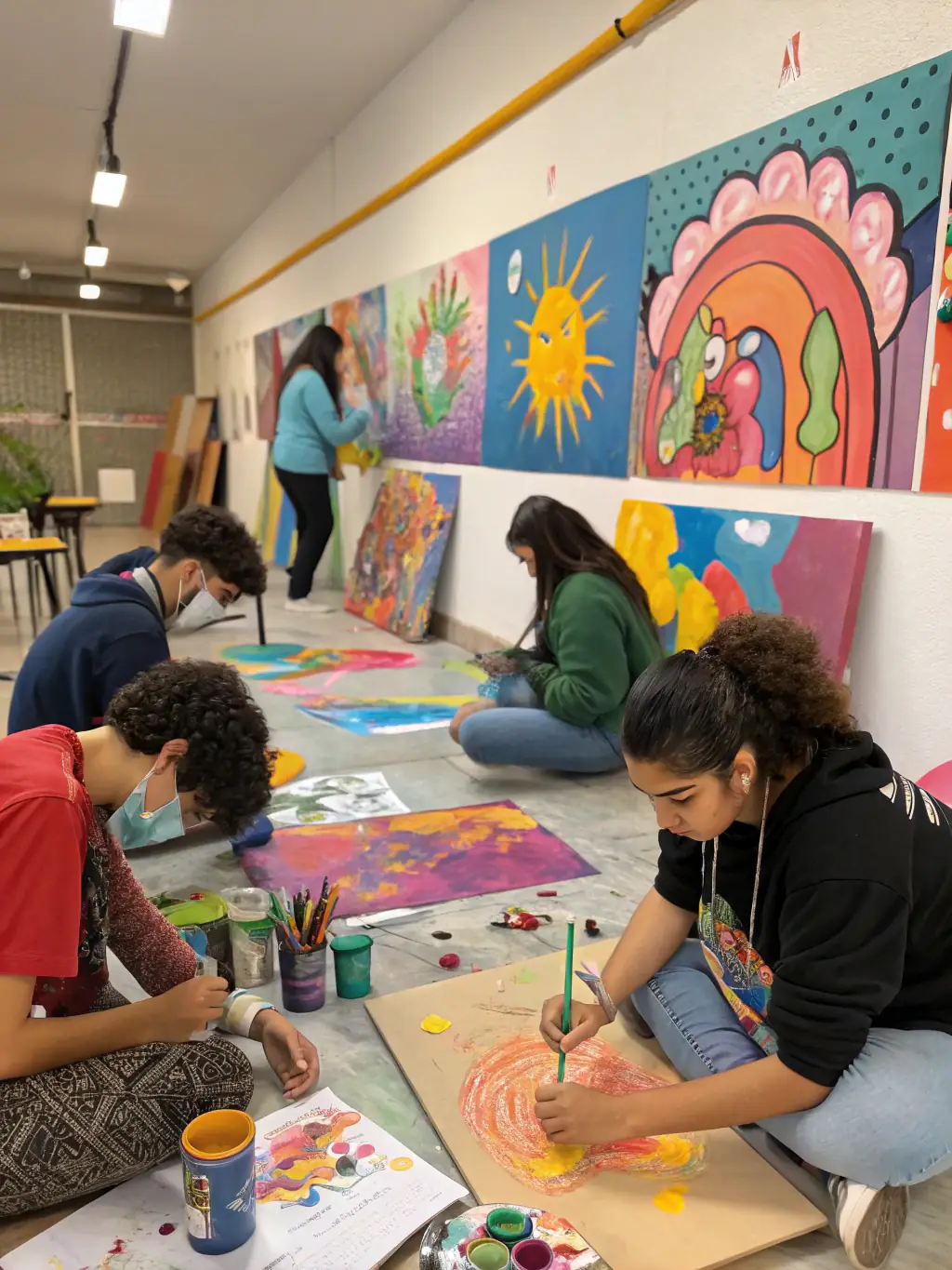 A vibrant image of artists and scientists collaborating in a workshop setting, surrounded by art supplies and scientific equipment, representing RUBISCO's interdisciplinary approach.