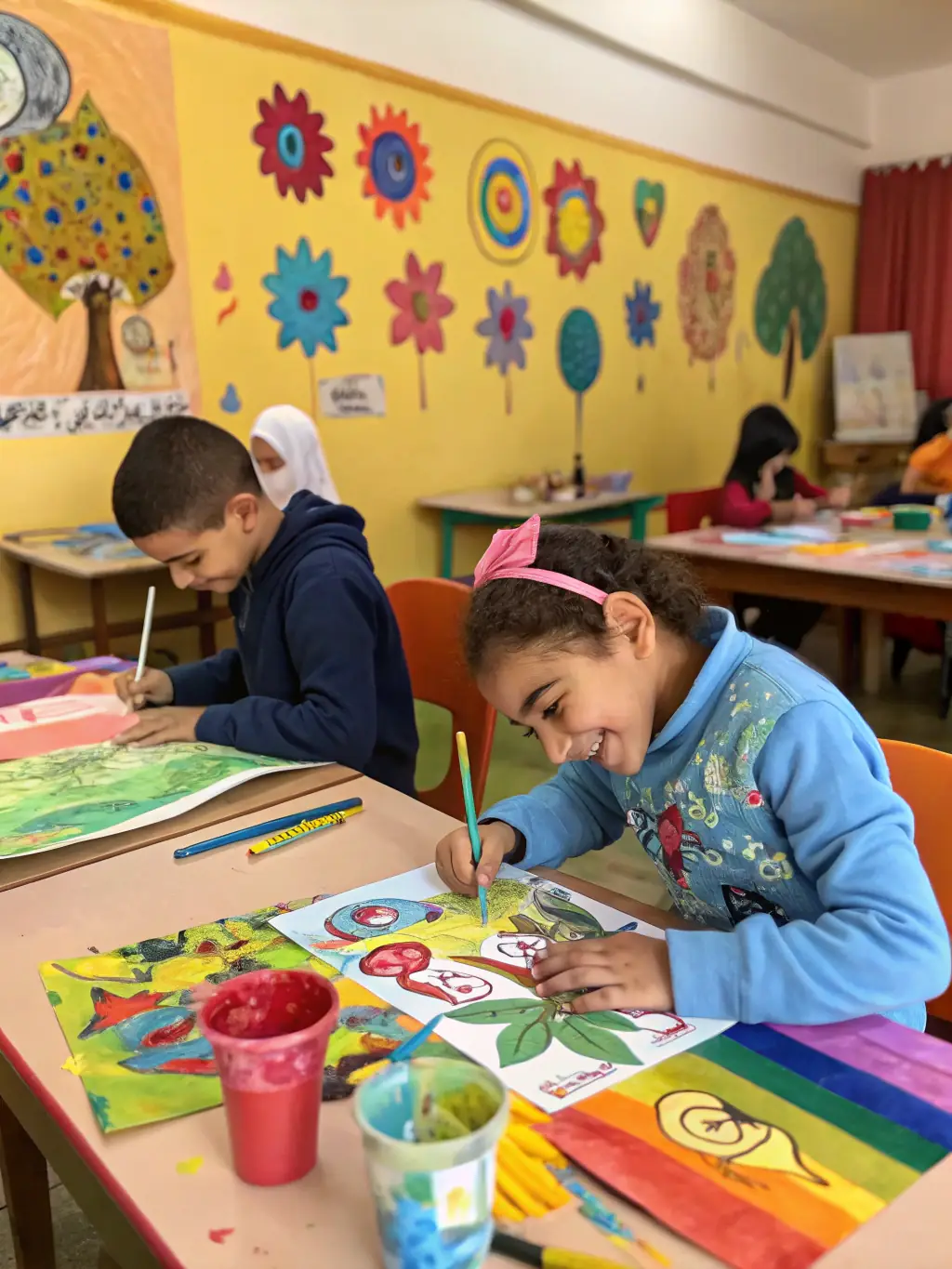 A vibrant photograph capturing children participating in a science-themed art workshop, mixing paint and experimenting with colors, set in a brightly lit studio with art supplies scattered around, showcasing RUBISCO's educational initiatives.