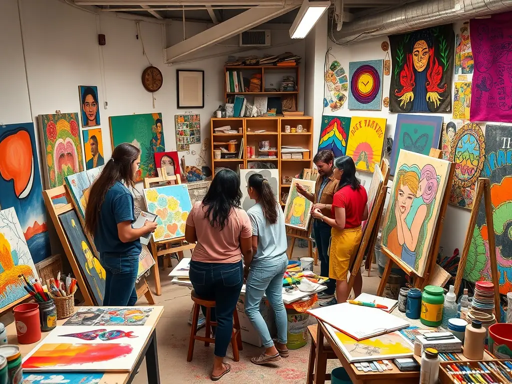 A diverse group of artists and scientists collaborating on a project in a modern, well-lit studio, showcasing the interdisciplinary nature of RUBISCO's work.