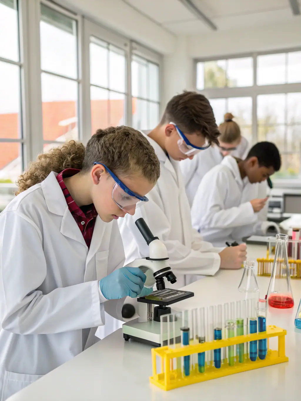 A group of students and researchers are working together on a scientific experiment in an outdoor setting, demonstrating RUBISCO's commitment to educational outreach and community involvement.
