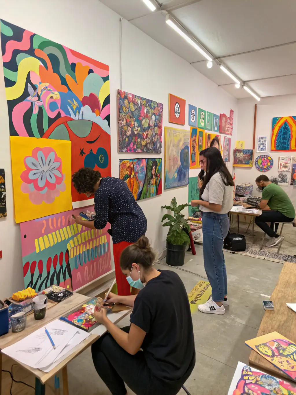 A diverse group of participants engaged in a collaborative art and science workshop, showcasing the interdisciplinary nature of RUBISCO's programs. The setting is a brightly lit studio filled with various art supplies and scientific instruments.