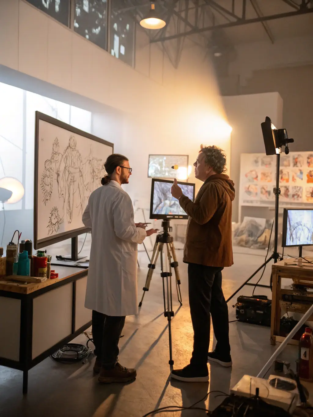 An artist is working alongside a scientist in a residency program, creating a unique piece of art that blends scientific data with artistic expression, highlighting the innovative outcomes of RUBISCO's residencies.
