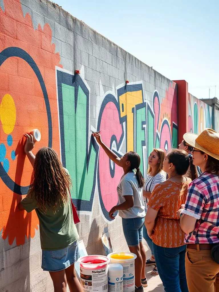 A photograph of a community mural project in Dijon, France, showcasing local artists and residents working together to create a vibrant and meaningful artwork, reflecting RUBISCO's community engagement.