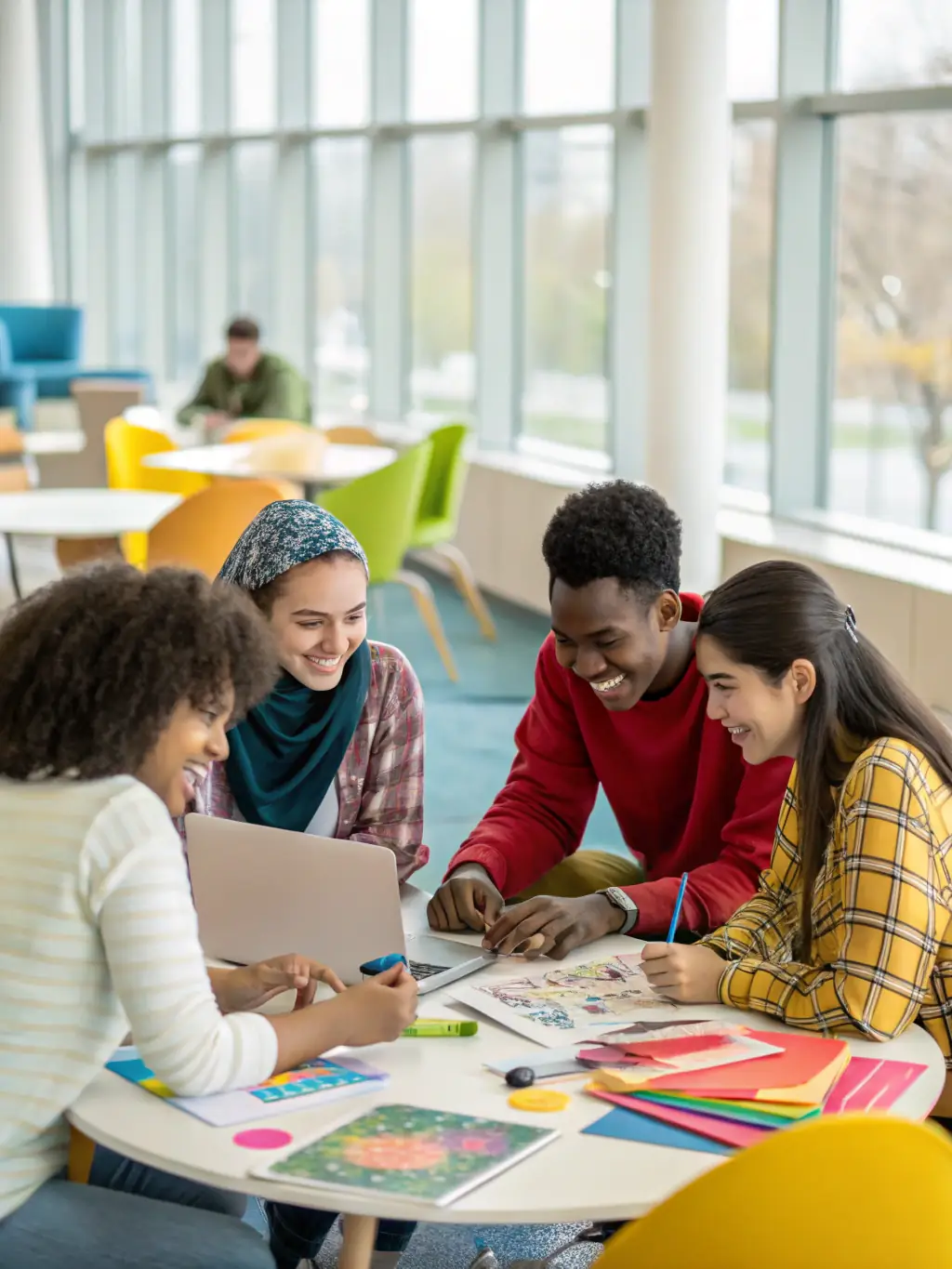 A picture of a group of students participating in an educational outreach program, learning about the intersection of art and science through hands-on activities.
